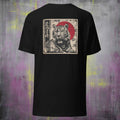 Black t-shirt with a tiger graphic on the back against a colorful, abstract background