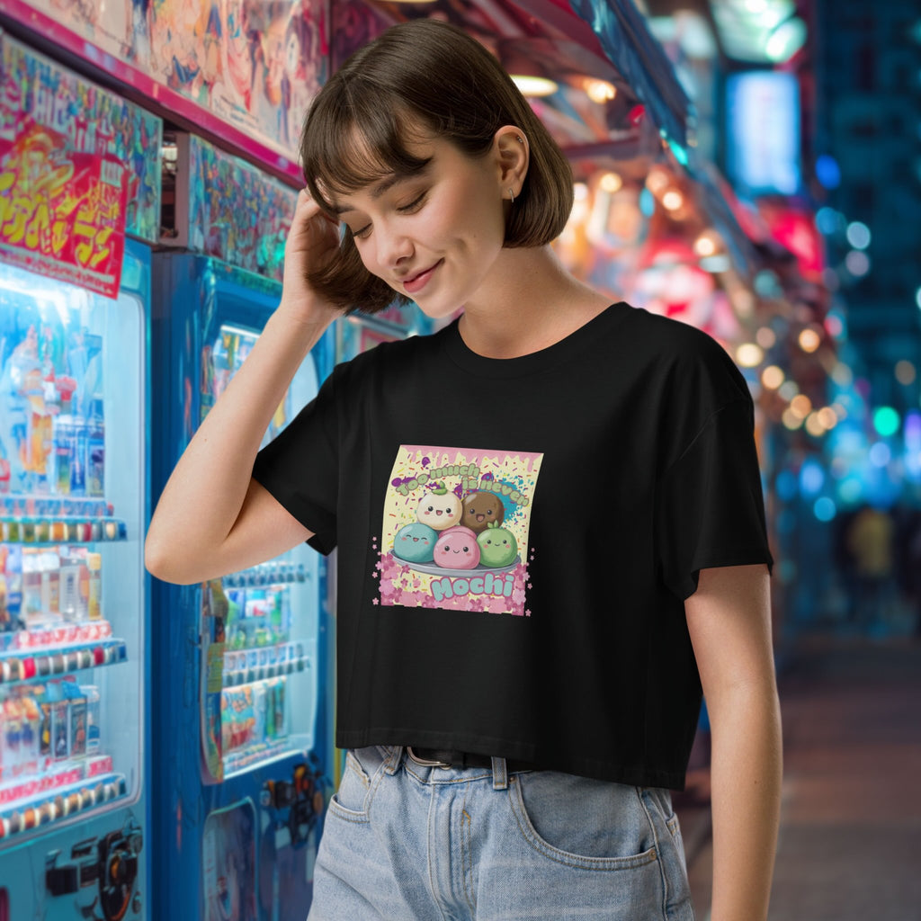 Model wearing Too Much Is Never Mochi crop top on street walk