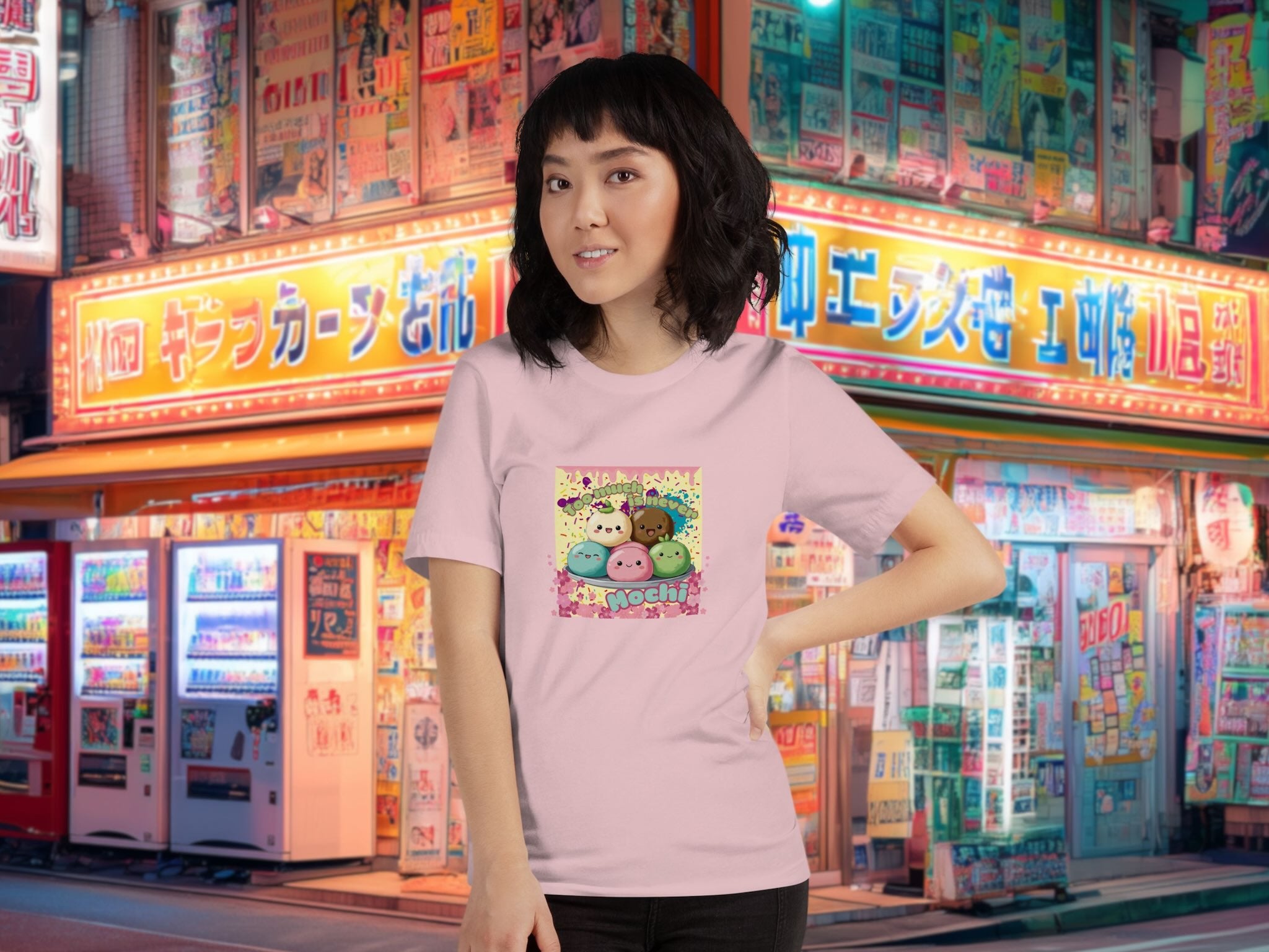Model wearing Too Much Is Never Mochi tee in playful urban setting