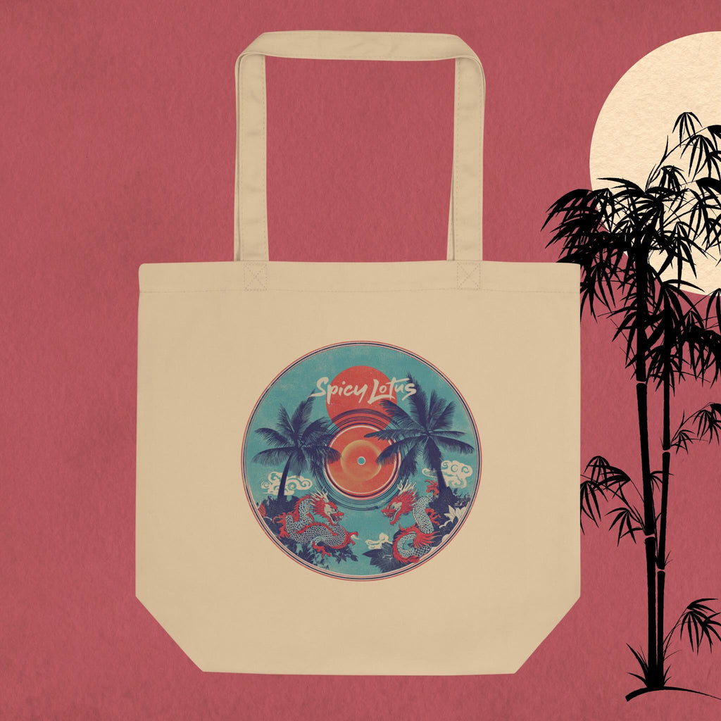 Close-up of retro vinyl dragon illustration with palm elements on tote bag