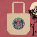 Close-up of retro vinyl dragon illustration with palm elements on tote bag