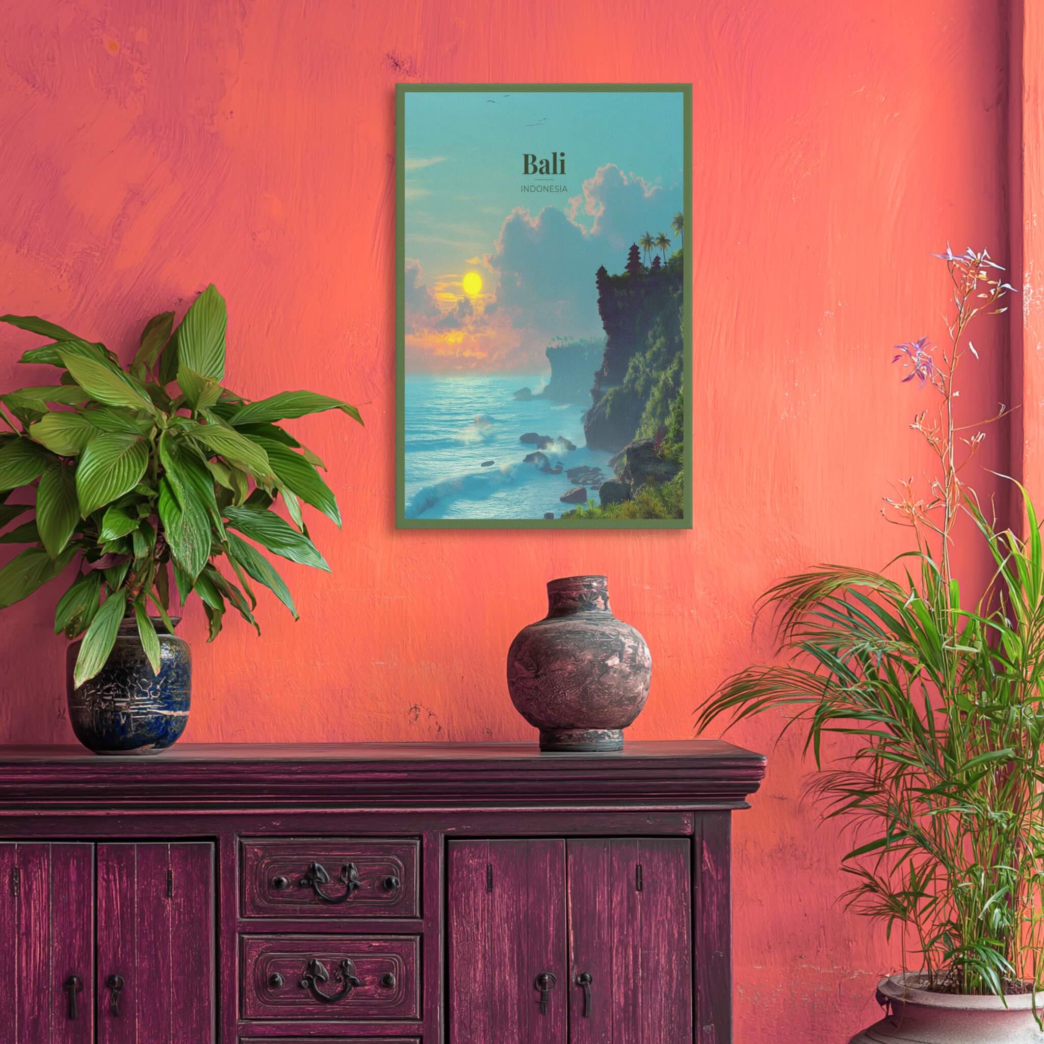 Vertical tropical canvas of Bali cliff and Indian Ocean against red wall