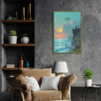 Spiritual Balinese temple illustration on seaside cliffs hanging on living room wall
