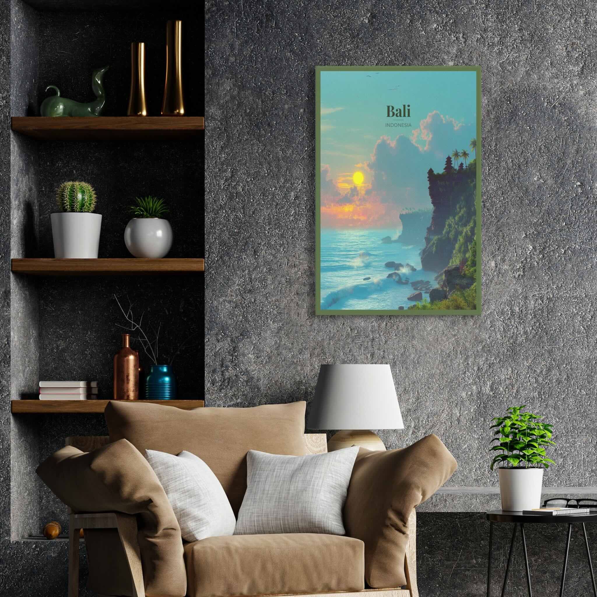 Spiritual Balinese temple illustration on seaside cliffs hanging on living room wall