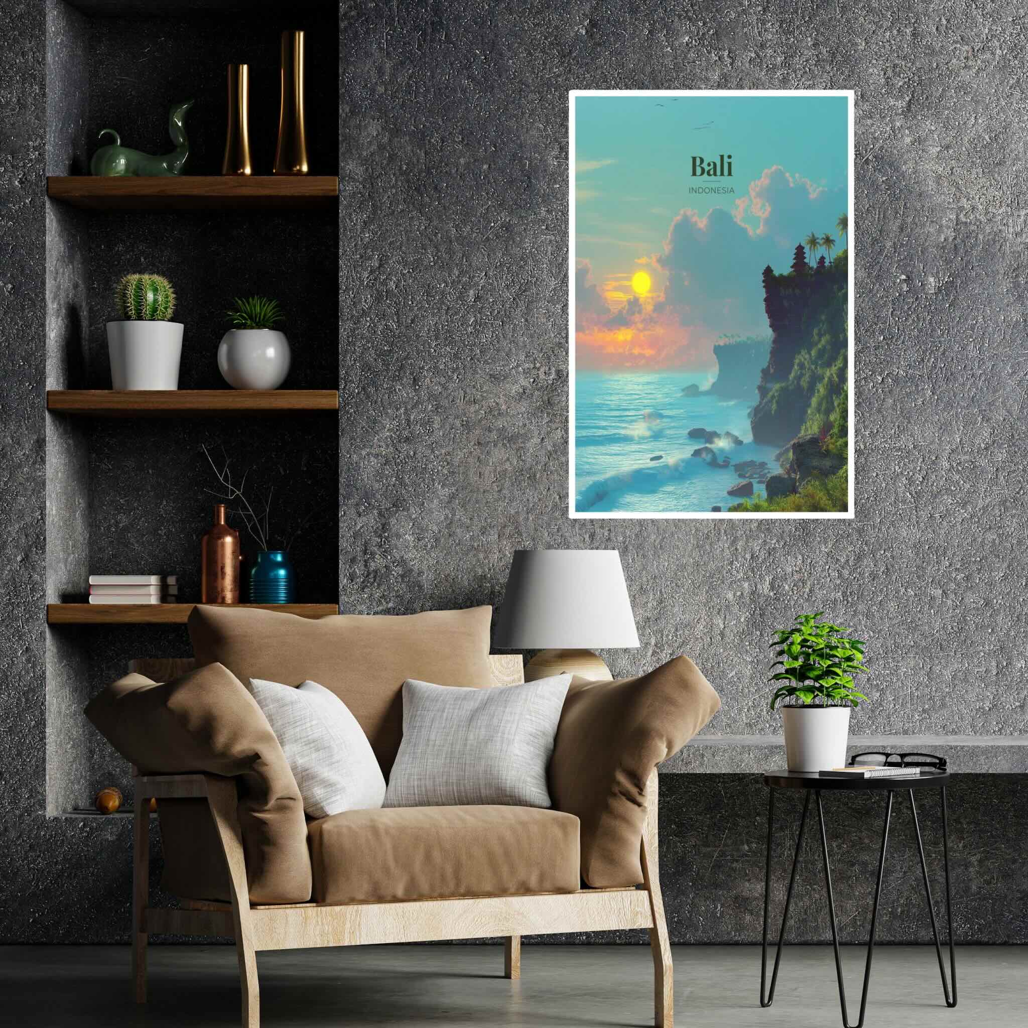 Vertical tropical poster of Bali cliff attached to office wall