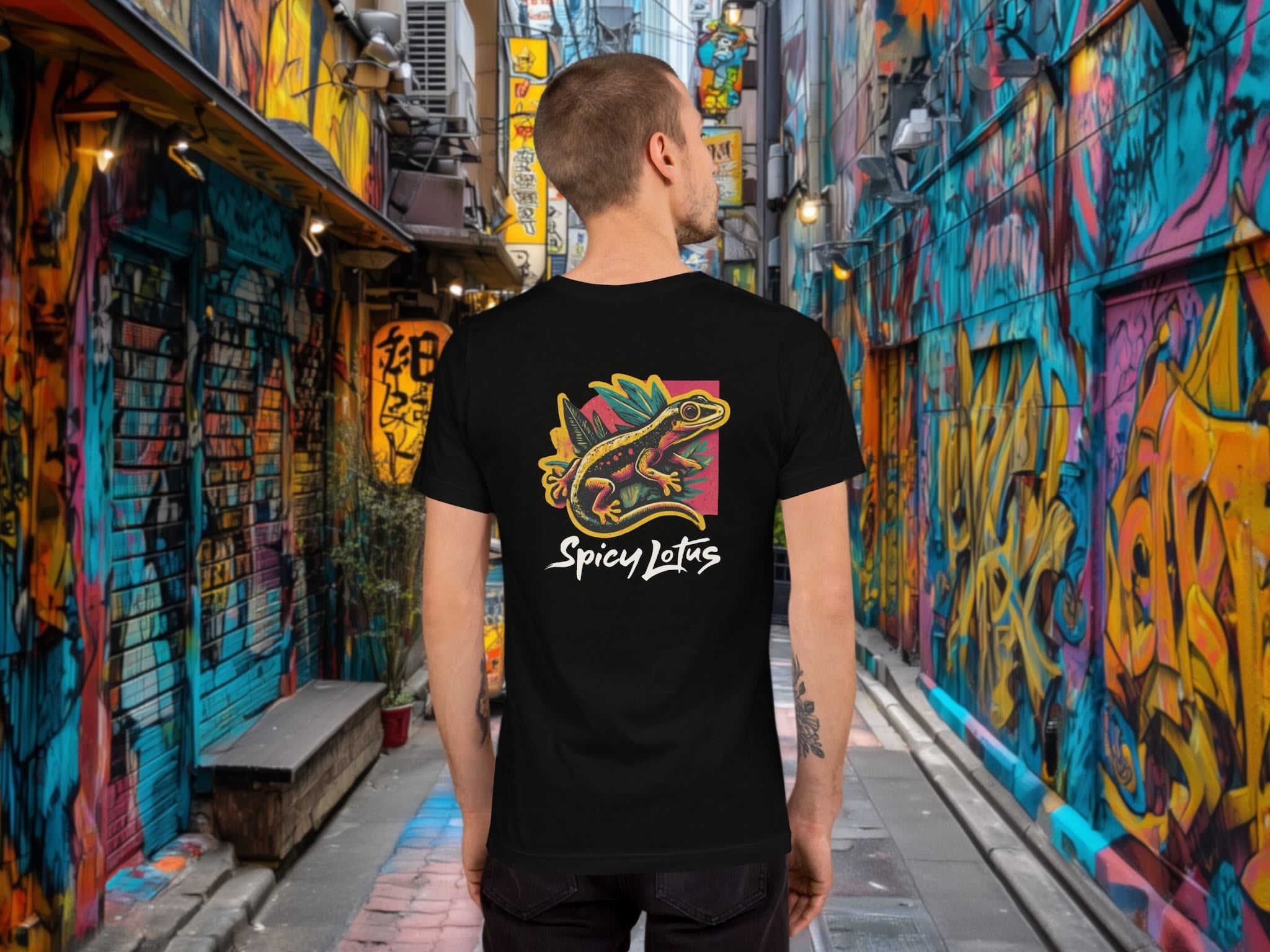 Person wearing a black t-shirt with 'Spicy Lotus' logo with a vibrant gecko design in a colorful graffiti alley.