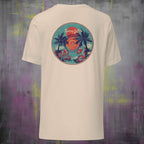 Beige t-shirt with a colorful vinyl graphic on the back against a textured purple and gray background