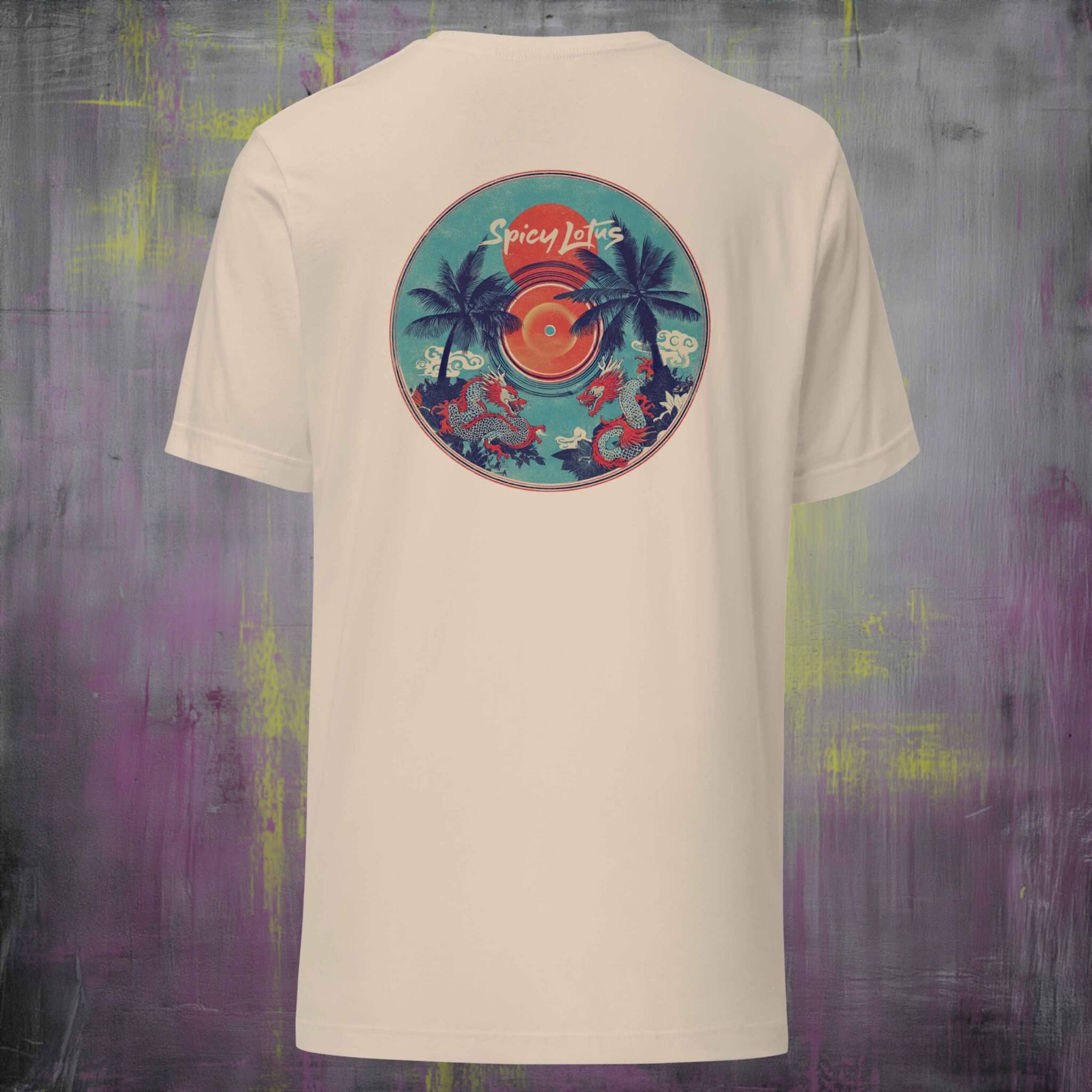 Beige t-shirt with a colorful vinyl graphic on the back against a textured purple and gray background