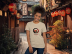 Model wearing Wasabi My Friend t-shirt in modern urban setting