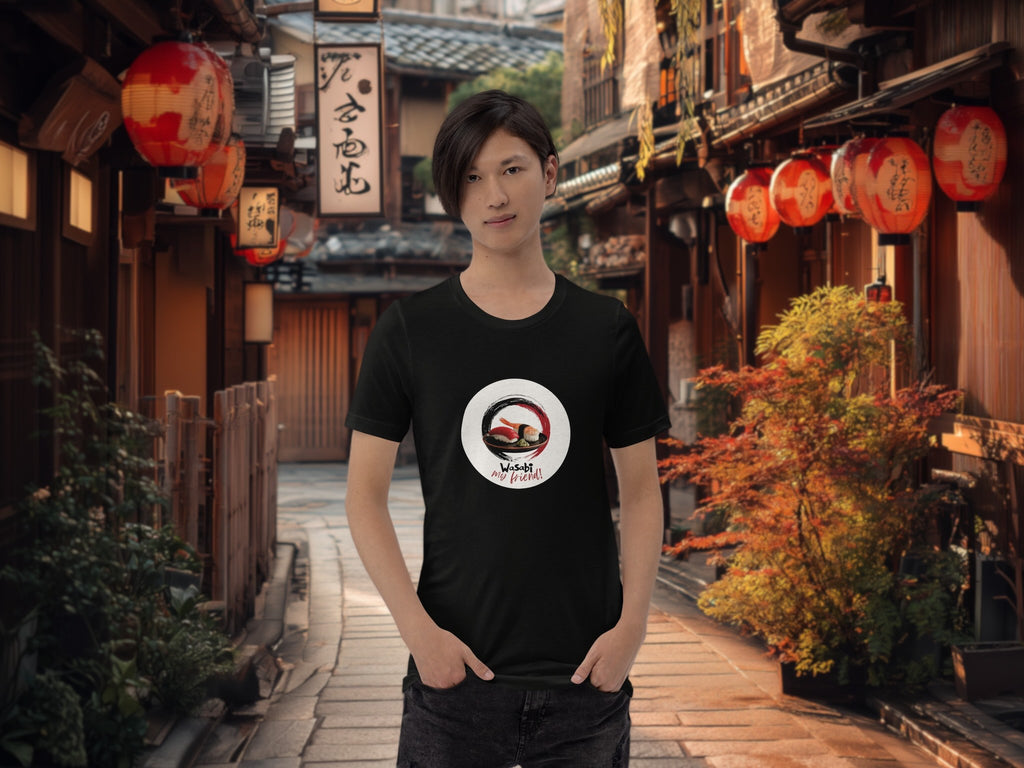 Model wearing Wasabi My Friend t-shirt in modern urban setting
