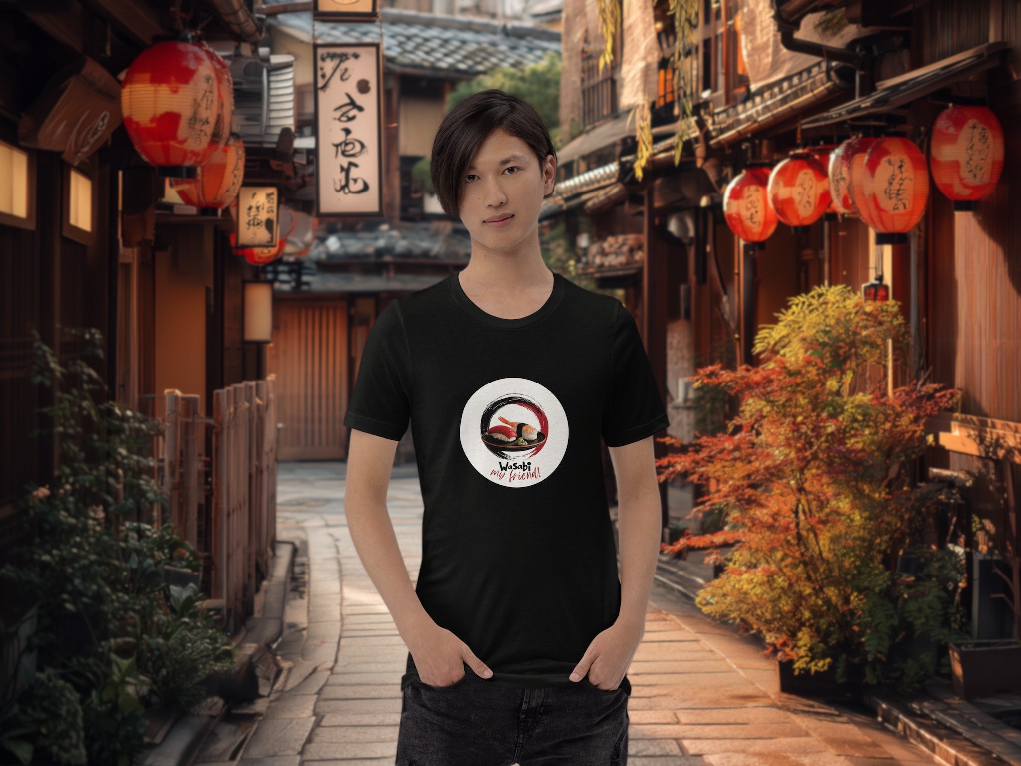 Model wearing Wasabi My Friend t-shirt in modern urban setting