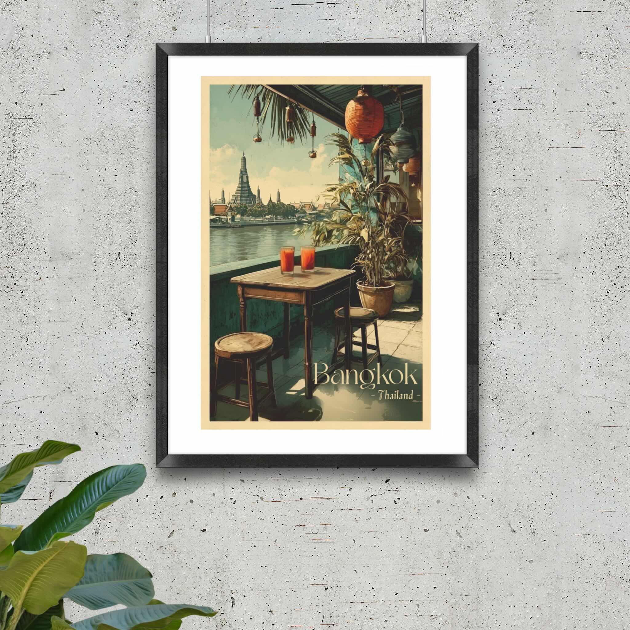 Riverside Bangkok scene with lanterns and Thai iced tea in black frame