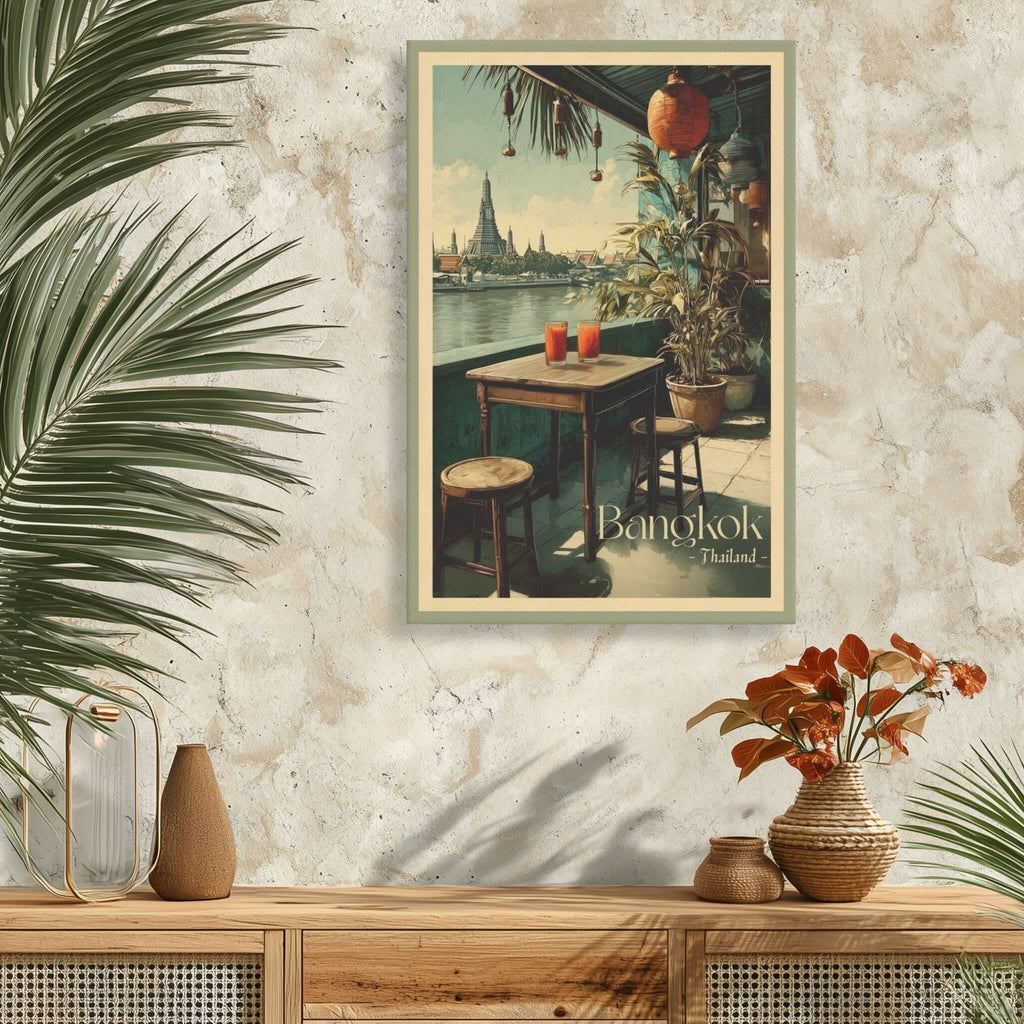 Riverside Bangkok scene with lanterns and Thai iced tea on wall art canvas