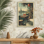 Riverside Bangkok scene with lanterns and Thai iced tea on wall art canvas