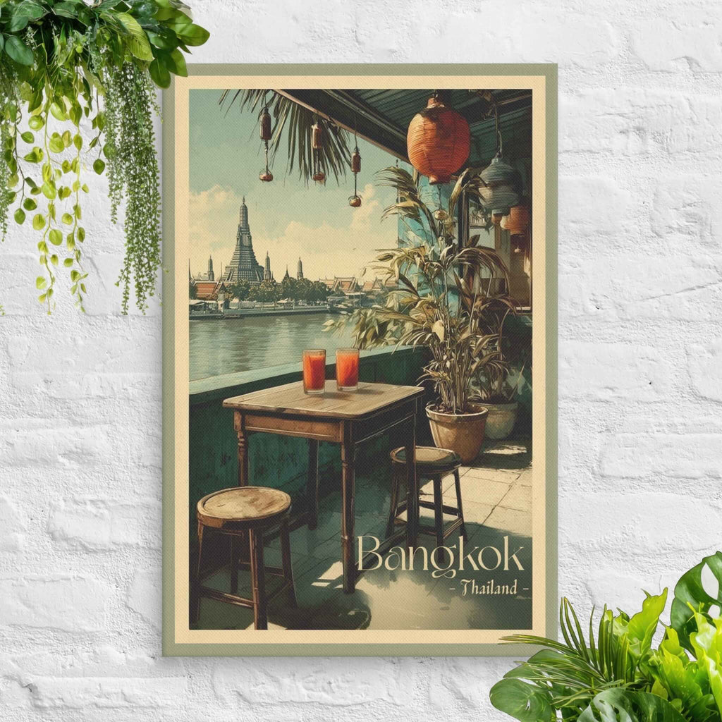 Wat Arun temple and riverside Thai café canvas