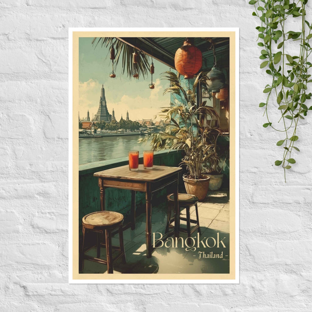 Wat Arun temple and riverside Thai café poster