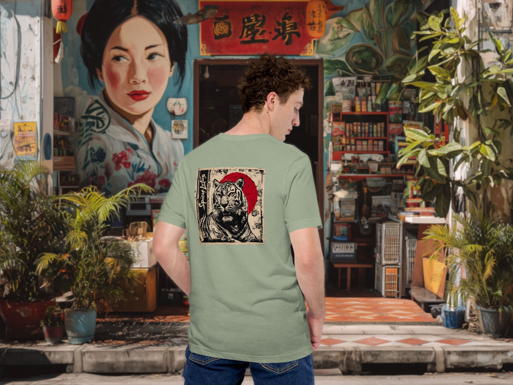 Person wearing a green t-shirt with a tiger graphic design in an urban setting with colorful murals and plants.
