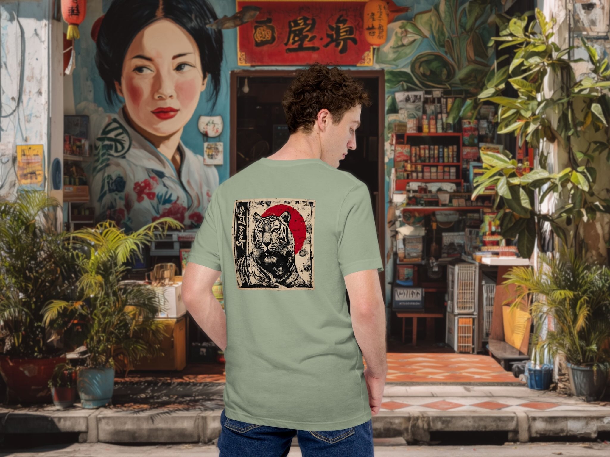 Person wearing a green t-shirt with a tiger graphic design in an urban setting with colorful murals and plants.