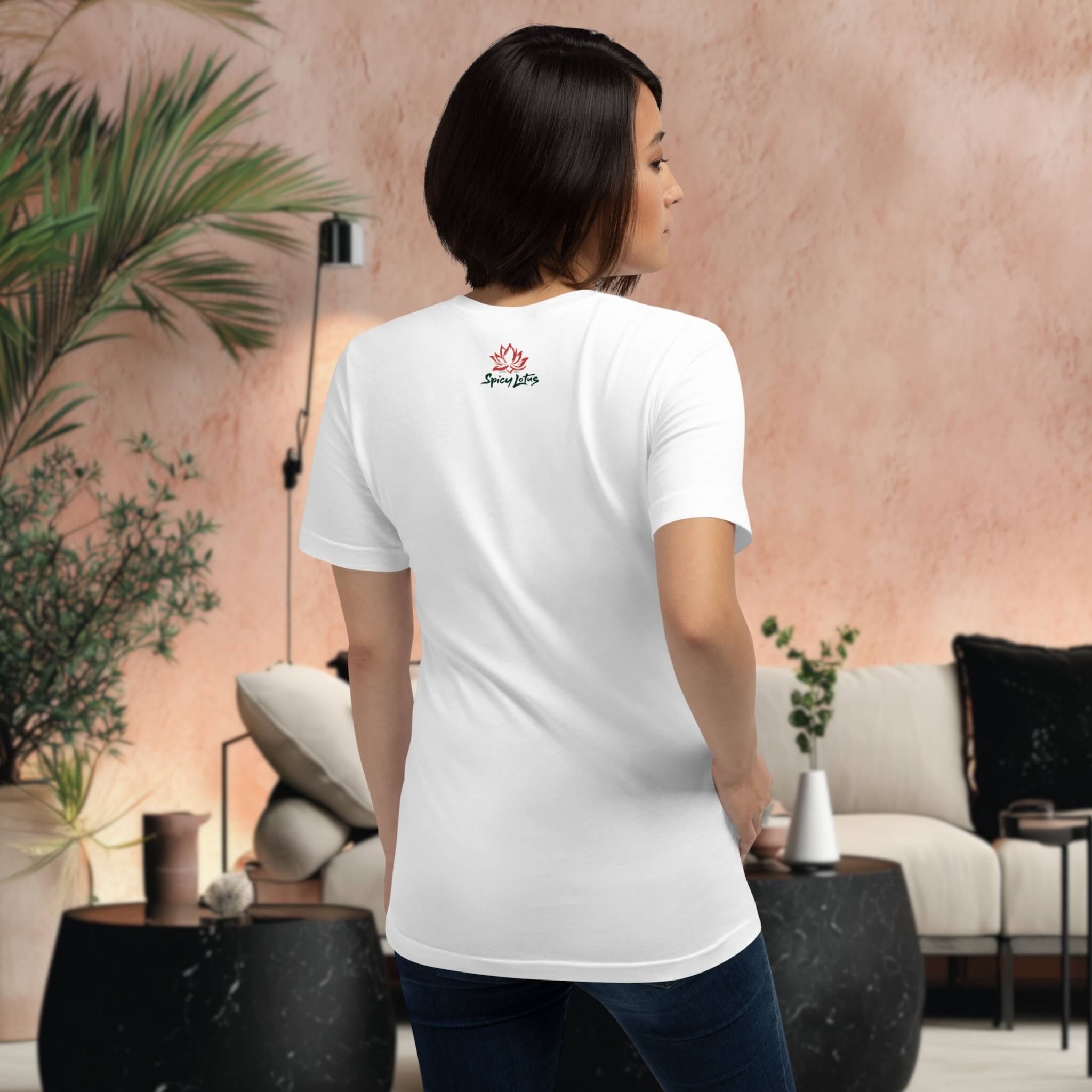Back view of Spill the Cha graphic t-shirt outside label, showing Spicy Lotus Logo (lotus flower and brand name)