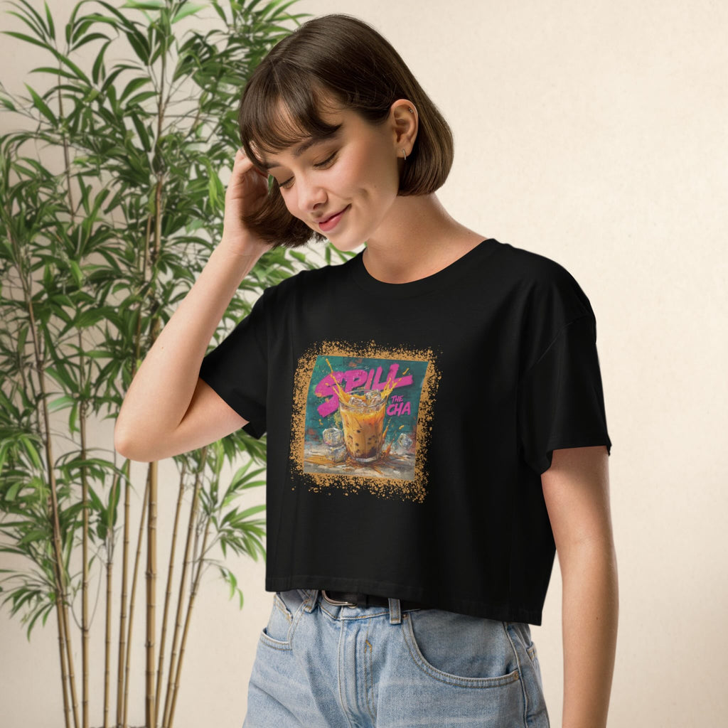 Model wearing Spill the Cha! crop top
