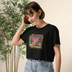 Model wearing Spill the Cha! crop top