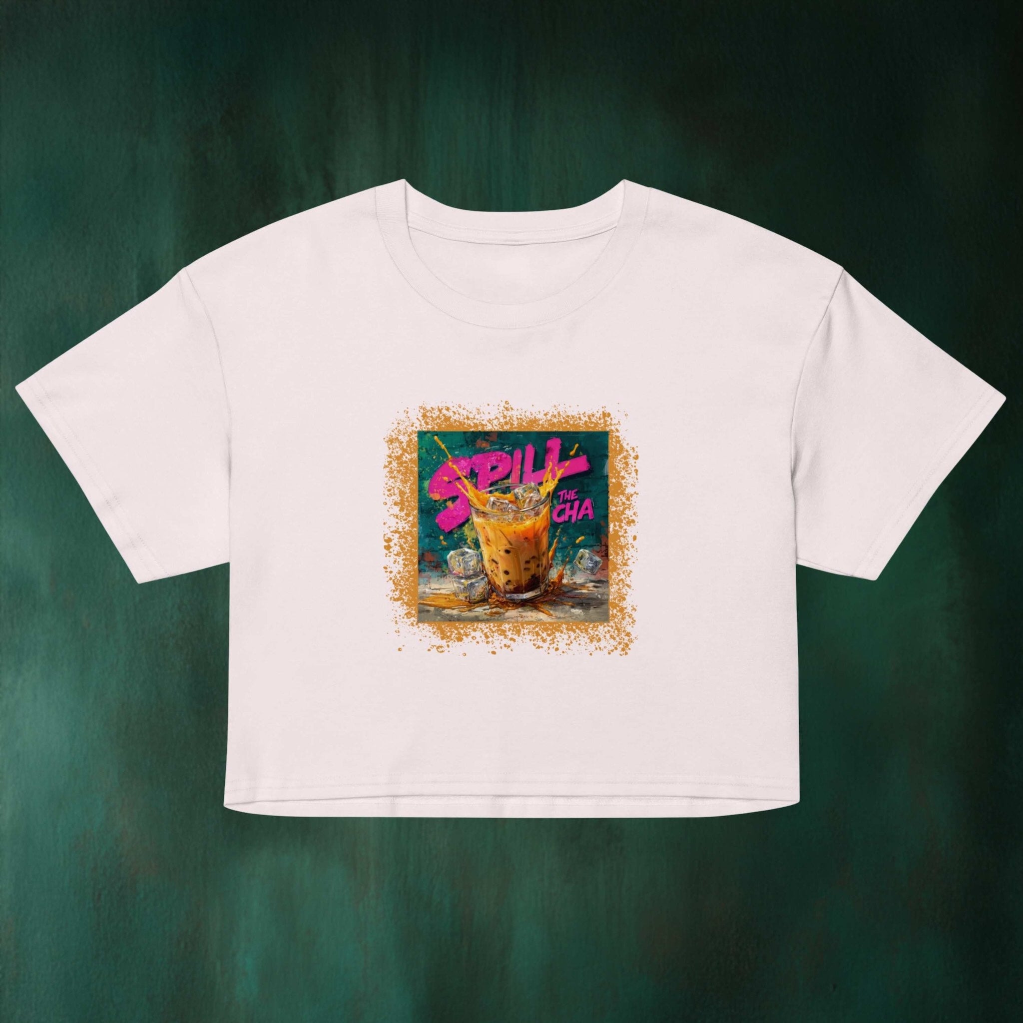 Orchid colored t-shirt with a cha graphic design on a green background