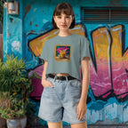 Model wearing Spill the Cha! crop top on urban street walk
