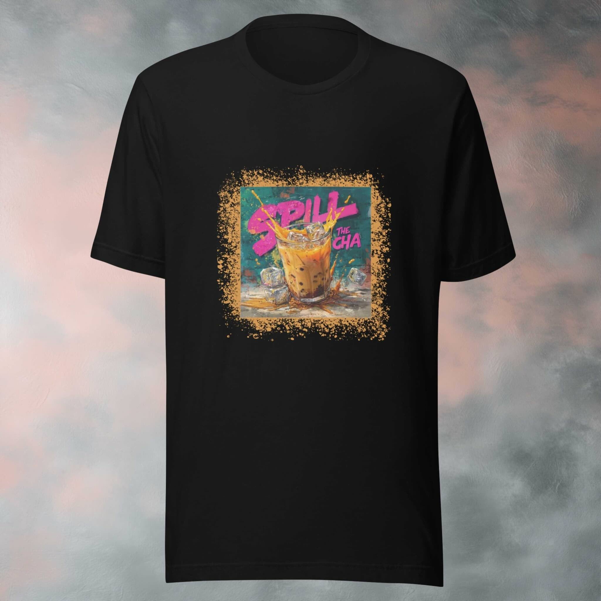 Black t-shirt with a colorful cha graphic design on a gradient background
