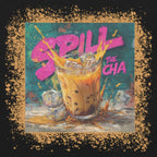 Artistic depiction of a glass of iced coffee with splashes and 'Spill the cha' text on a colorful background.