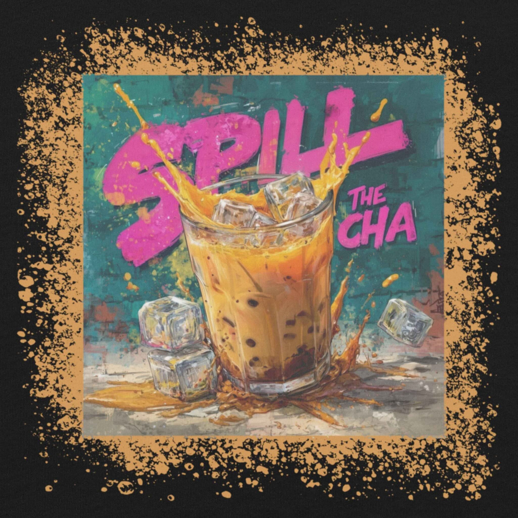 Artistic depiction of a glass of iced coffee with splashes and 'Spill the cha' text on a colorful background.