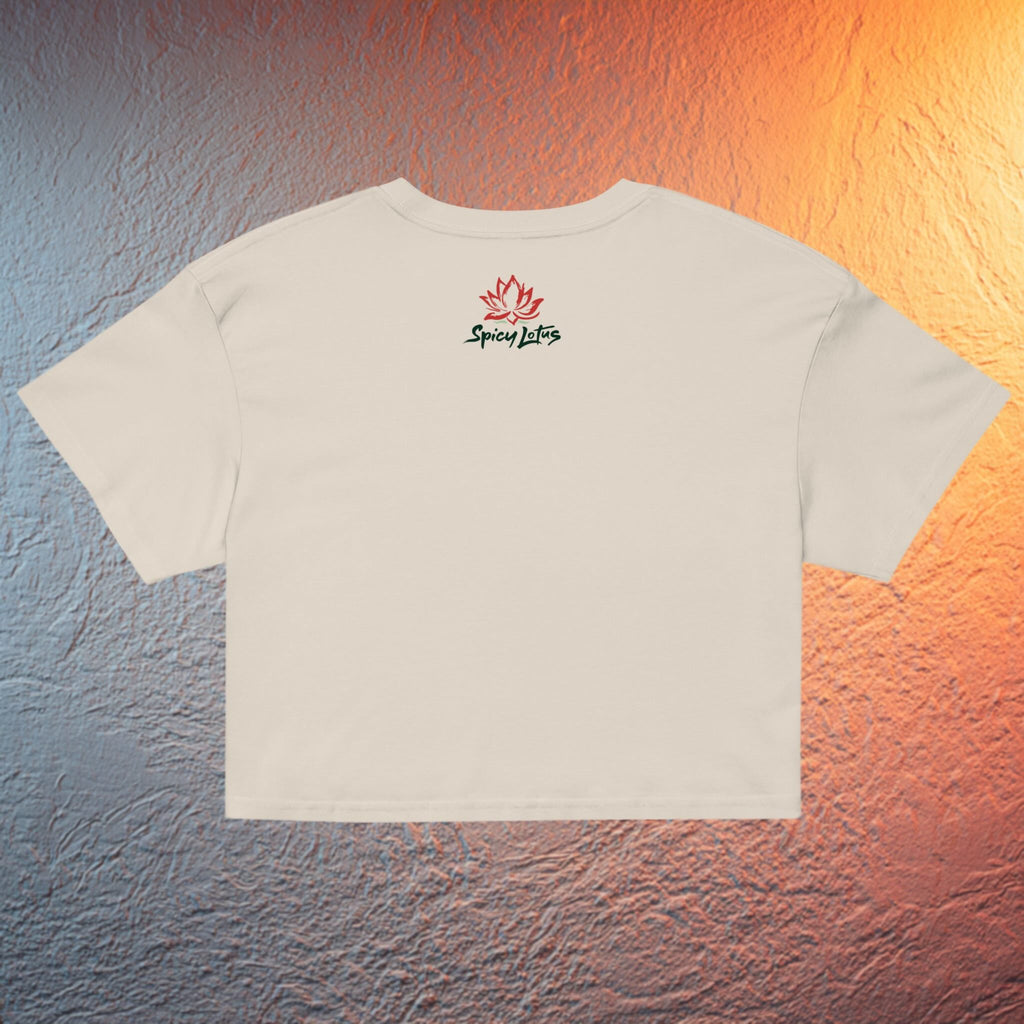 Back neck chest logo on Spill the Cha! crop top