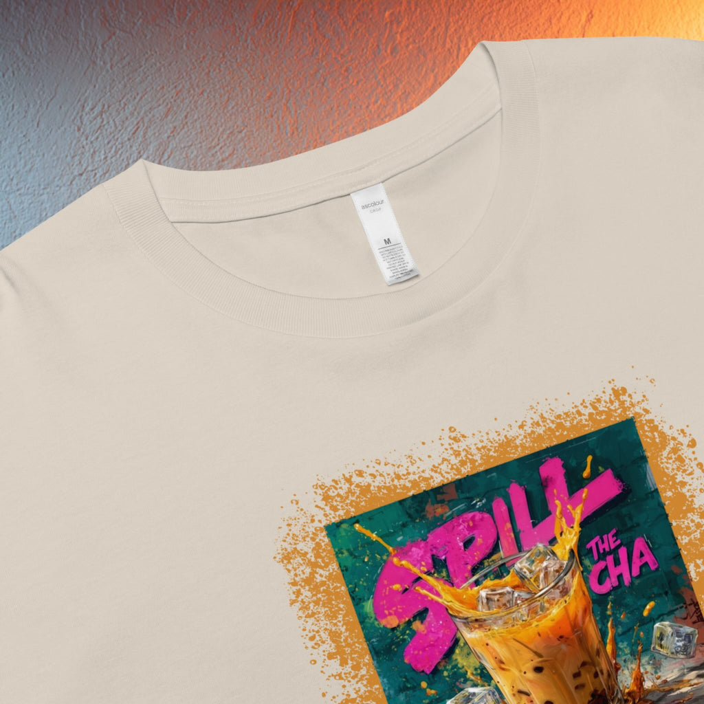 Close-up of graffiti-style Thai milk tea DTG print on crop top
