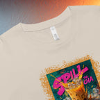 Close-up of graffiti-style Thai milk tea DTG print on crop top