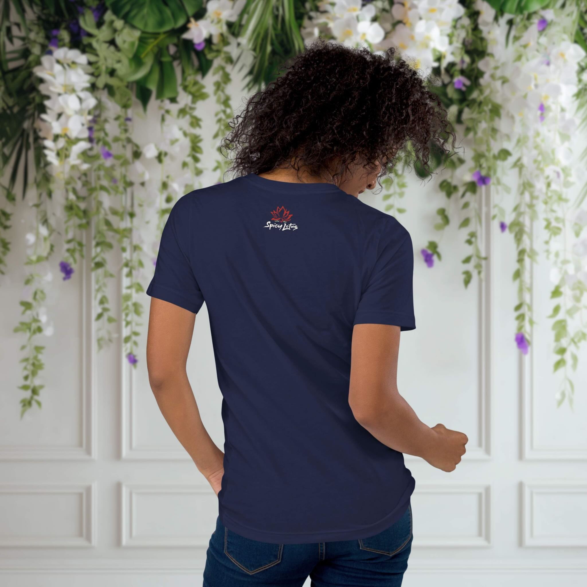 Back view of Spill the Cha graphic t-shirt, showing Spicy Lotus logo