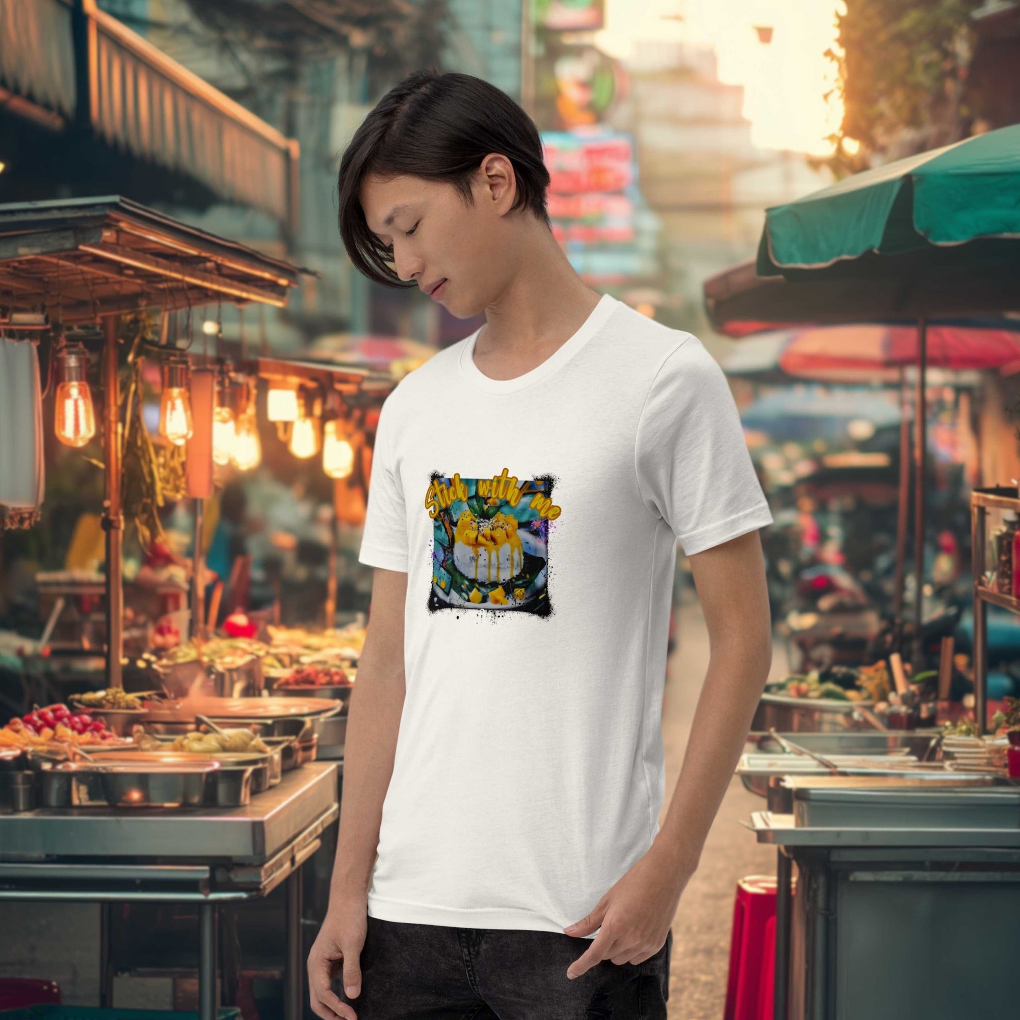 Person wearing a white t-shirt with a colorful graphic design in an outdoor SEA market setting