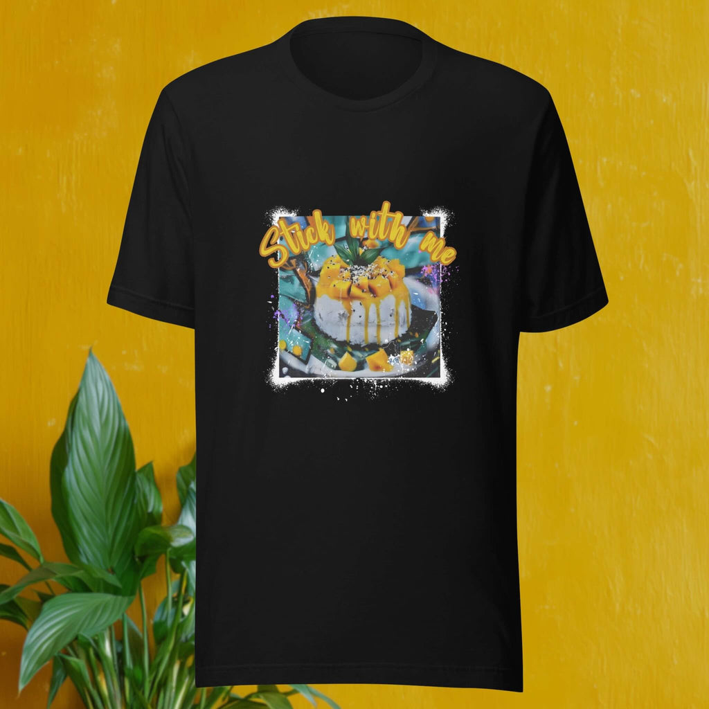 Black t-shirt with a colorful mango sticky rice graphic design on a yellow background