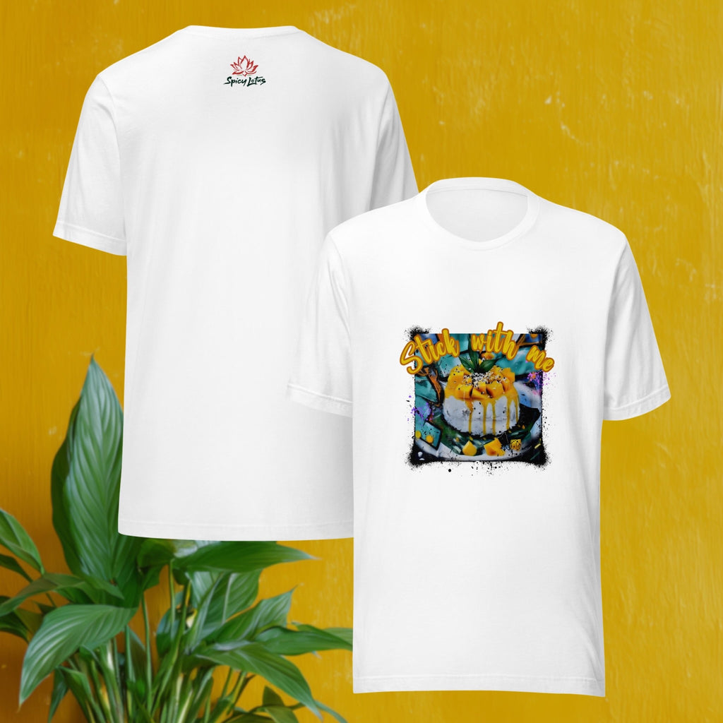 White ghost t-shirt with colorful mango sticky rice graphic design on a yellow background
