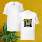 White ghost t-shirt with colorful mango sticky rice graphic design on a yellow background