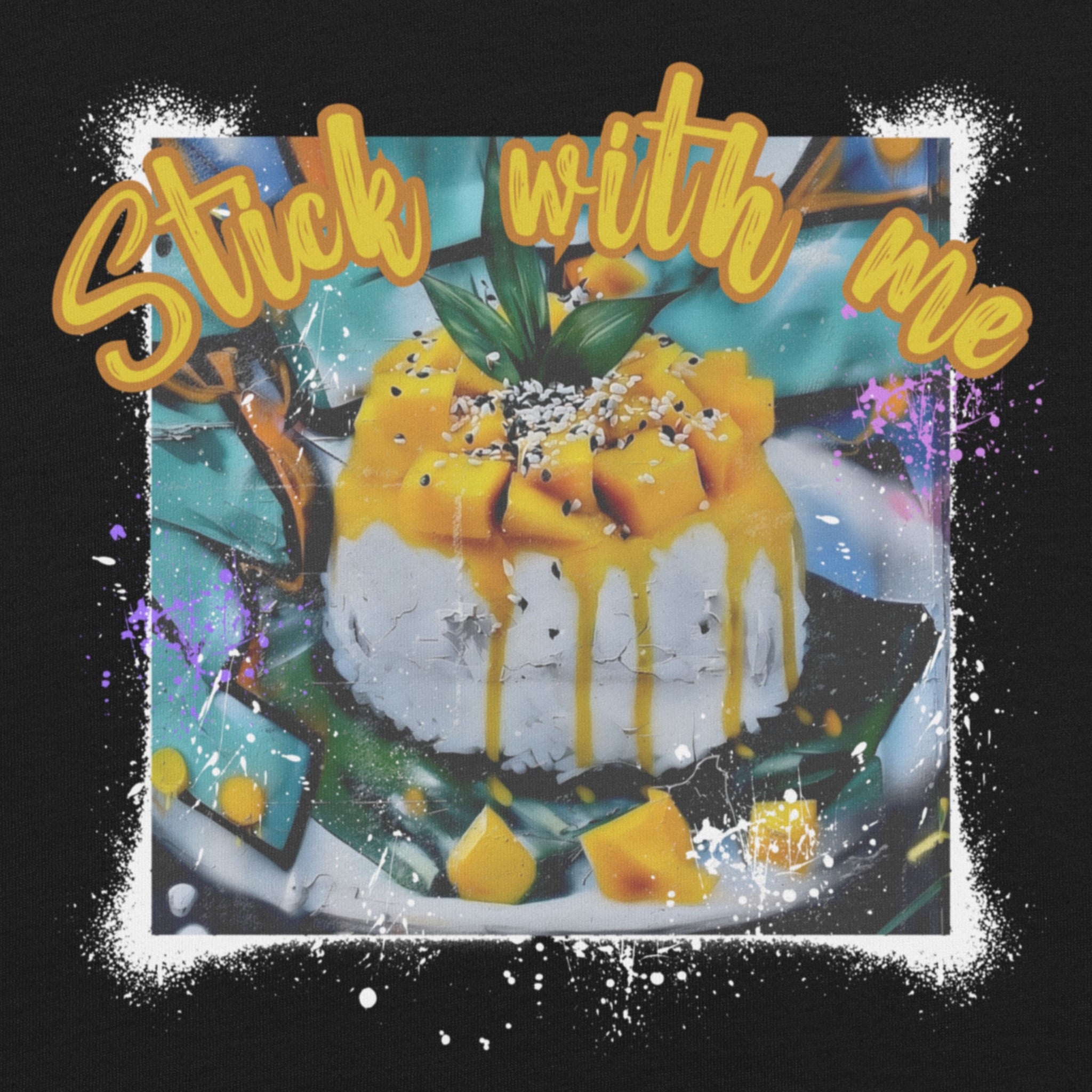 DTG print detail on mango sticky rice street food t-shirt