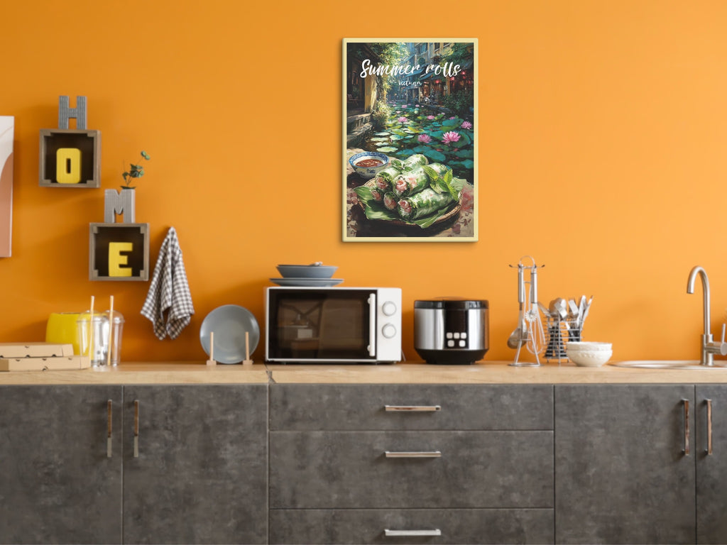 Travel-inspired Vietnamese street food illustration on kitchen wall