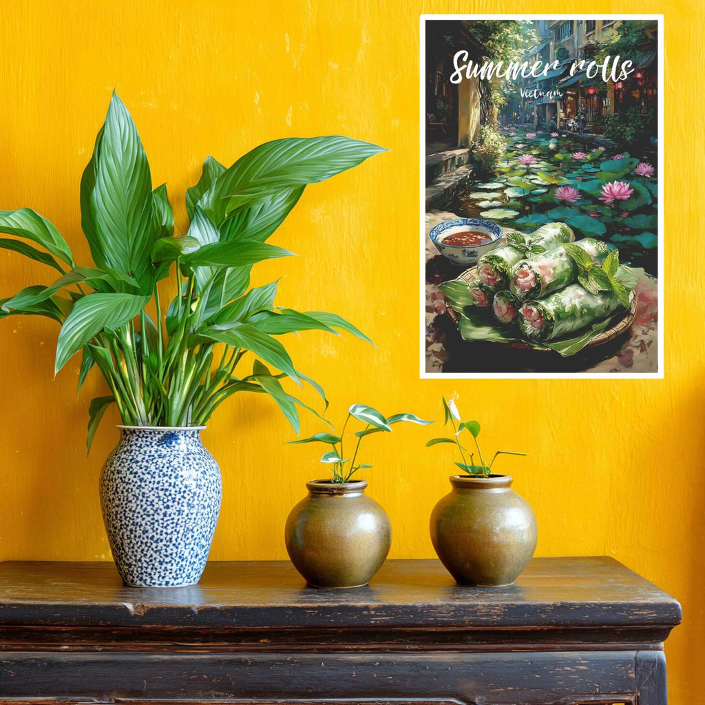 Three potted plants on a wooden table with a yellow wall and a poster of Vietnamese spring rolls.