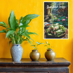 Three potted plants on a wooden table with a yellow wall and a poster of Vietnamese spring rolls.