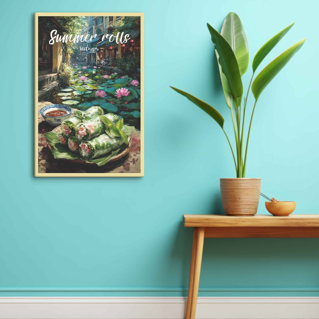 Framed artwork of summer rolls with a garden scene on a teal wall above a wooden table.