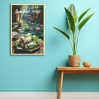 Framed artwork of summer rolls with a garden scene on a teal wall above a wooden table.