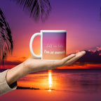 Mug with 'Call me later, I'm at sunset' text held against a sunset beach background