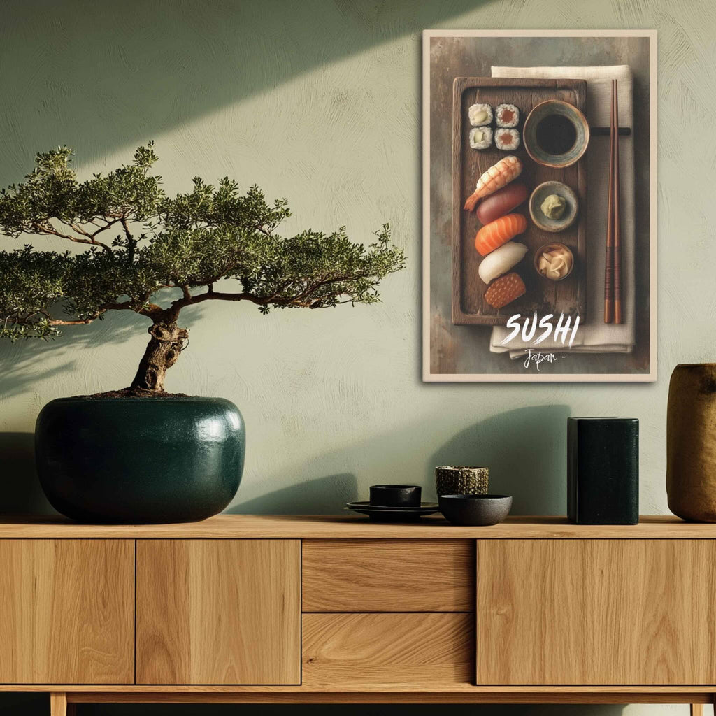 Modern interior with a bonsai tree, wooden cabinet, and a framed picture of sushi.