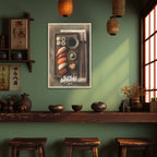 Sushi-themed wall art in a room with wooden shelves and stools.
