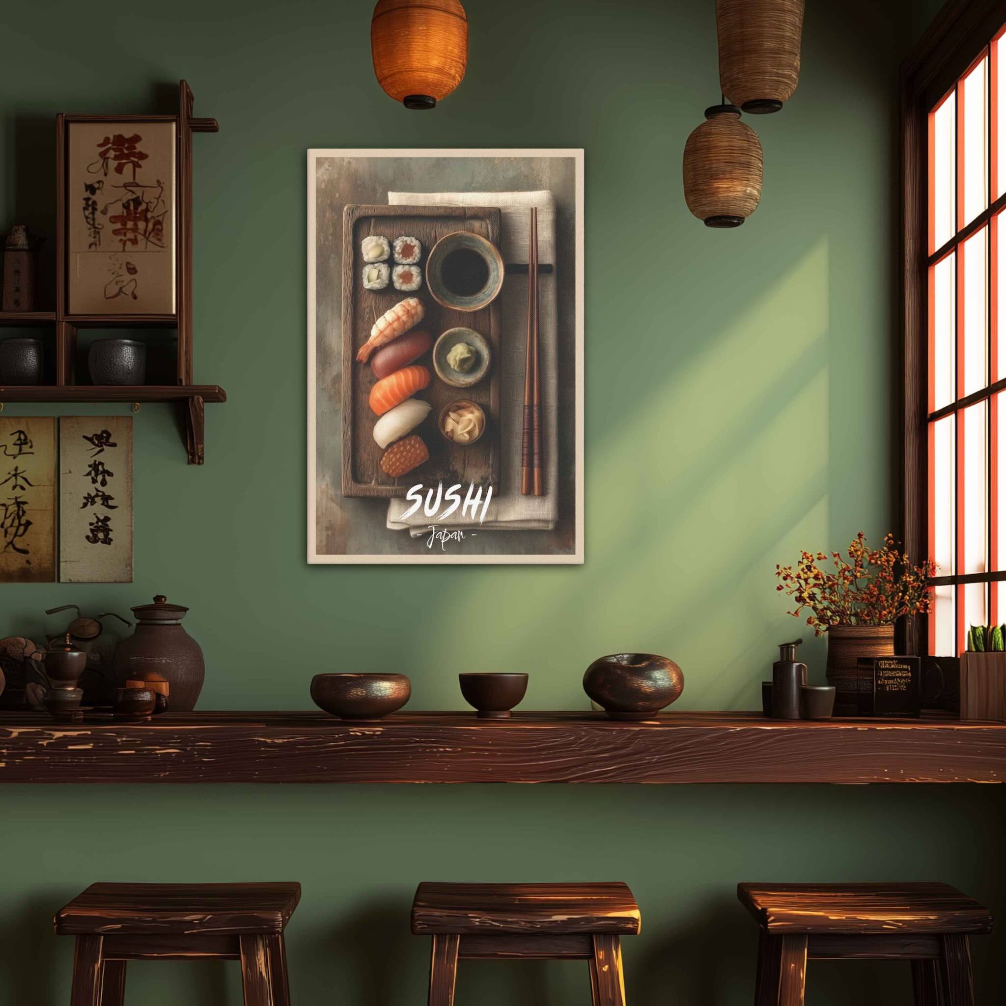 Sushi-themed wall art in a room with wooden shelves and stools.