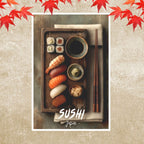 Minimalist Japanese sushi poster with nigiri and maki overhead