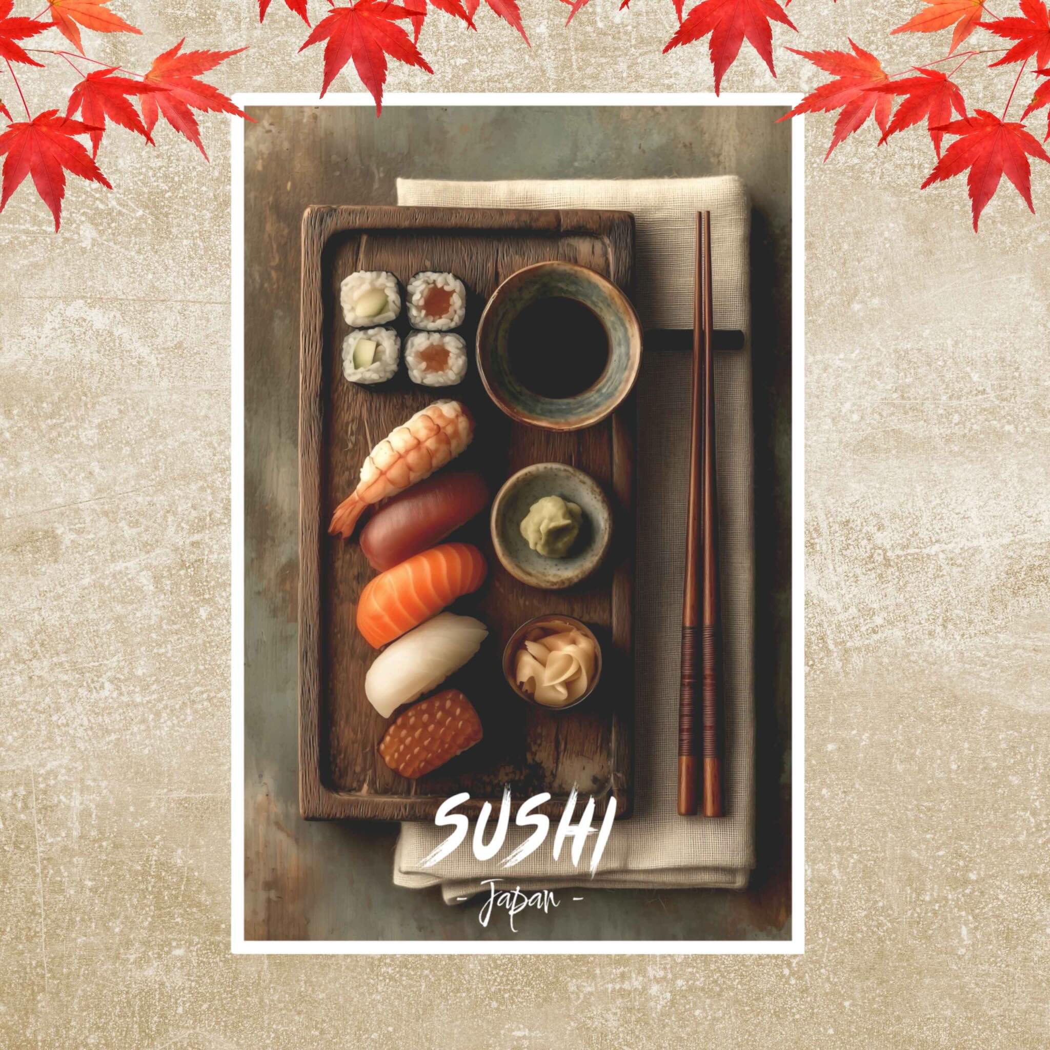 Minimalist Japanese sushi poster with nigiri and maki overhead